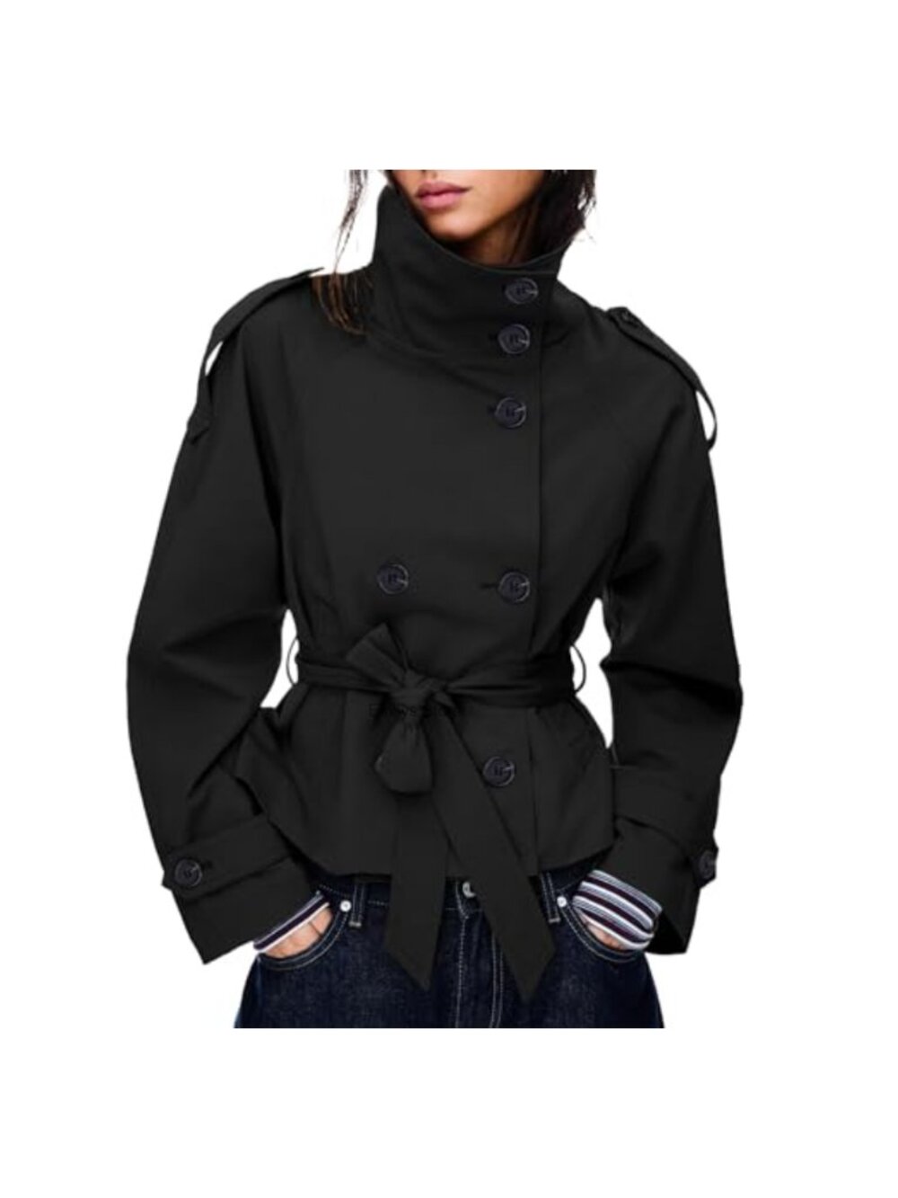 Women's Cropped Trench Coat Double Breasted Belted Fall Jacket